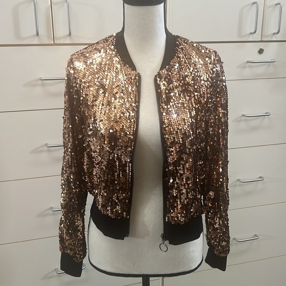 ⭐️HP! Women's Sequin Jacket Long Sleeve Cropped Zipper Up Party Glitter Bomber - Picture 9 of 10